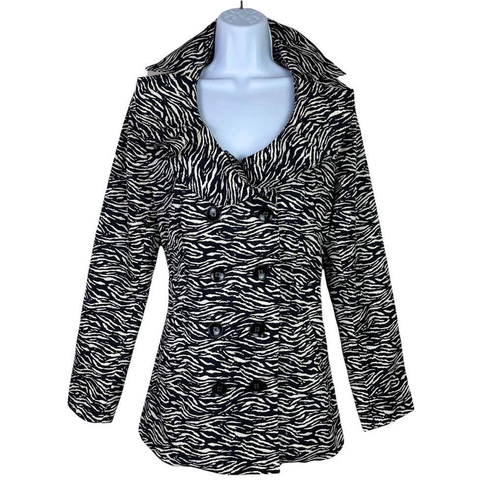 Sandro Studio Trench Coat Jacket Zebra Print Ruffled Lapels Black White Size S